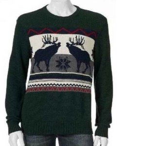 Mens Sweater Dockers Green Moose Small Crewneck Long Sleeve Winter Holiday